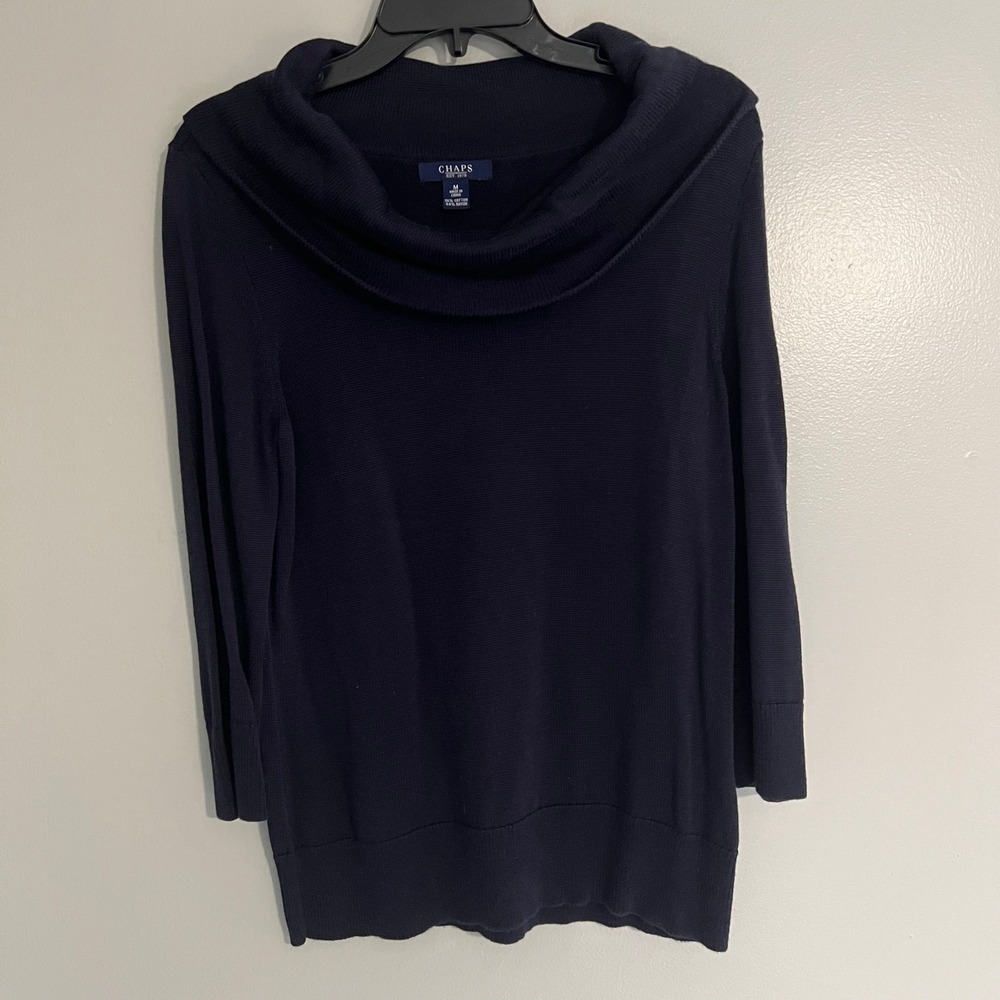 Chaps Womens Navy Blue Cowl Neck 3/4 Sleeve Cotton Rayon Knit Sweater Size M